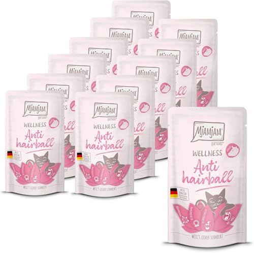 MjAMjAM - Cibo umido premium per gatti - Wellness - Anti Hairball - Manzo, confezione da 12 (12 x 125g), senza cereali