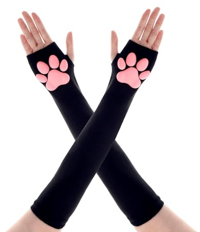 Telooco Katttassar skyddshandskar långa fingerlösa handskar armskydd dam rosa tasshandskar 3D katthandskar för halloween cosplay ärmar (svart)