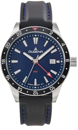 Dugena Herren-Armbanduhr GMT, Quarz, Edelstahl, Saphirglas, Datumsanzeige, wasserdicht, 10 bar, Farbe:Blau