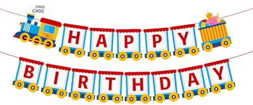Happy Birthday Banner, Cartoon Train Theme Birthday Banner, Kids Birthday Party Hanging Decoration