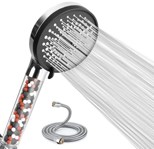 Duschkopf mit Filter, Hochdruck Handbrause mit 2m Schlauch, 6 Strahlarten Duschkopf Wassersparend mit Filtration, Duschbrause für Hartes Wasser,Rest-Chlor, Schwermetall