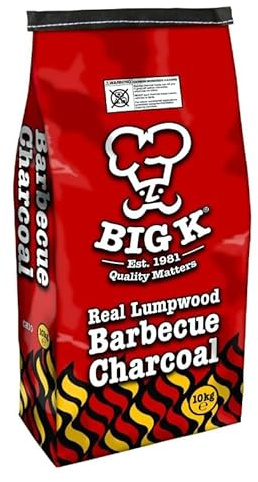 Big K Products 10kg Lumpwood Barbecue Charcoal CH10-AMZ-4PK, 100% Natural Lumpwood Charcoal, Ideal For Home BBQ, 90 Minutes Cooking Time, High Heat, Easy to Light BBQ Fuel - 4, 10kg Bags