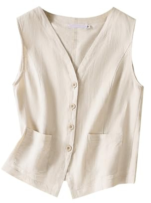 MINTLIMIT Women's Linen Vest Casual Button Down Sleeveless V Neck Blazer Tank Top Lightweight Business Jacket Waistcoat Vest with Pocket