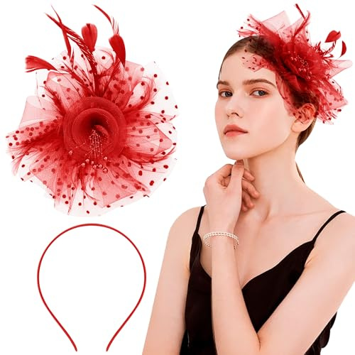 Heveer Fascinator Chapeau Mariage Dames Day Bandeau avec Clip Cocktail Tea Party Chapeau pour Fille et Femmes (Rouge Taille Unique)