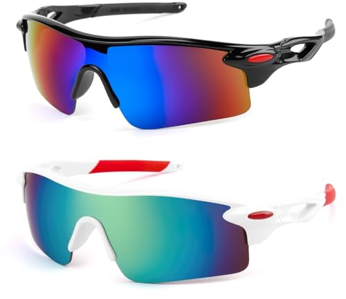 2 Pièces Lunettes de Soleil Enfant, Lunettes de Cyclisme UV400 Protection, Lunettes de Sport pour Enfants de 6-14 Ans Garçons Filles, Lunette de Vitesse pour le VTT, Baseball et Activités de Plein Air