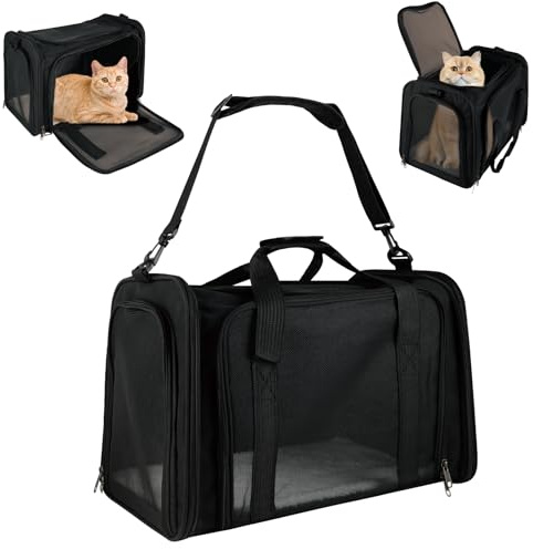Transportín para Perro Y Gato Plegable - Transpirable con Cojín Suave Y Correa, hasta 6KG, Negro, Ligero Y Compacto, para Mascotas Pequeñas, Viaje, 45x30x30cm