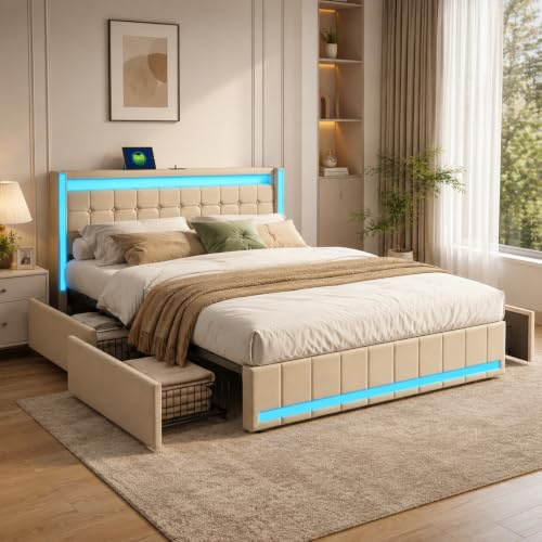 Bett mit Stauraum 180x200 mit LED, gepolstertes Bett mit 4 Schubladen, gepolstertes Bett mit USB- und Type-C-Ladeanschlüssen auf dem Nachttisch, Doppelbett, gepolstert, für 2 Personen, Betten für