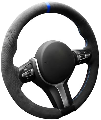Handgenähter Lenkradbezug aus Alcantara-Material, kompatibel mit BMW F30, F31, F34, F10, F11, F07, F12, F13, X3, X4, X5, X6, F16, F20, F21 (Blau gestreift mit Punkten)