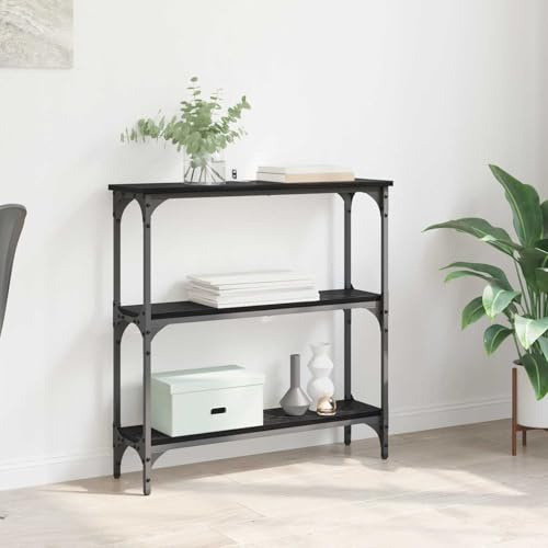 faucqel Mesa consola con estantería de madera de roble negro, 75 x 22,5 x 75 cm, con 3 estantes, patas de metal para salón, mesa auxiliar, espacio de almacenamiento funcional, diseño moderno