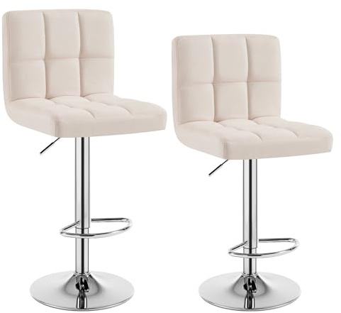 WOLTU Tabouret Bar Lot de 2, Chaise Haute de Bar Pivotant à 360° et Réglable en Hauteur, pour Îlot Central Cuisine, Tabourets avec Dossier et Repose-pieds, en Lin, Crème