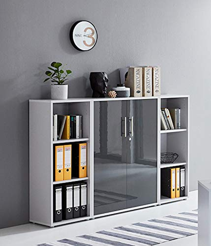 moebel-dich-auf Aktenschrank TABOR 2 abschließbar Highboard Büroschrank 2 Türen 6 offene Fächer Korpus lichtgrau Front anthrazit Hochglanz