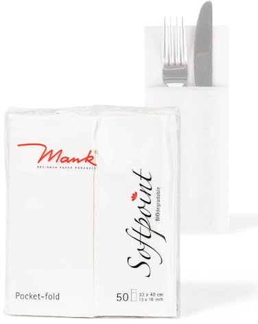 Mank Besteckservietten aus Softpoint | Pub Bestecktaschen | 40 cm x 33 cm 1/8 Falz | mit Besteckschlitz für Gastronomie und Feiern | 50 Stück | (Weiss)