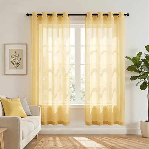 Mrs.Naturall Gelbe Vorhänge, 160 cm Länge für Schlafzimmer, 2 Paneele, Set Fenster, durchscheinender Vorhang für Wohnzimmer