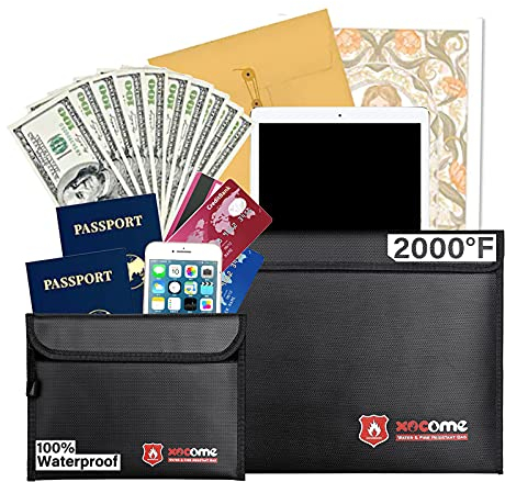 Set di 2 custodie ignifughe impermeabili e ignifughe, per documenti, passaporto, banconote e oggetti di valore (nero)