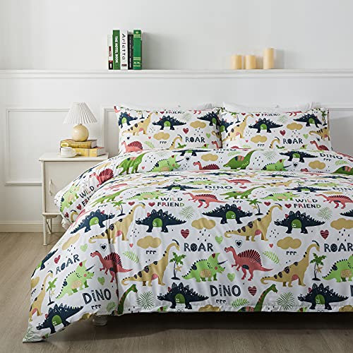 Cliab Dinosaurier-Bettwäsche, Queen-Size-Größe, 3-teilig, süßes Cartoon-Motiv mit tropischen Pflanzen, leichtes Mikrofaser-Bettbezug-Set mit Reißverschluss und Eckbändern