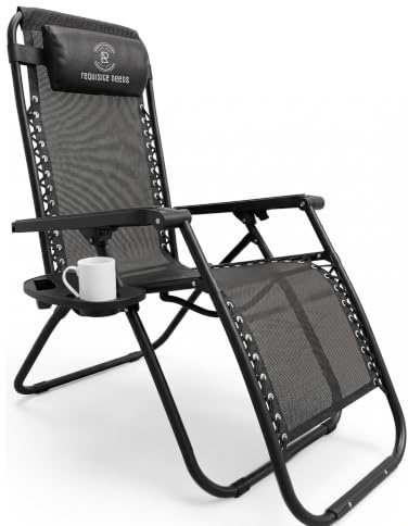 REQUISITE NEEDS Zero Gravity Chair Heavy Duty Textoline Outdoor & Garden Sunloungers Reclining, Folding Chair, Relaxer Chairs with Cup Holder and Headrest Pillow (1, BLACK)