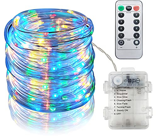 Rope Lights Battery Operated，39Ft 100Led Indoor&Outdoor String Lights Remote Control, 8 Lightning Modes Waterproof Copper Wire Hanging Lights Christmas Lights for Home Patio Garden Party - Multicolor