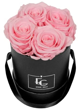 Classic Infinity Rosenbox | Round | XS - 4 wunderschöne Infinity Rosen mit langjähriger Haltbarkeit, echte Rosen die bis zu 3 Jahre blühen, Flowerbox mit konservierten Rosen (Bridal Pink)