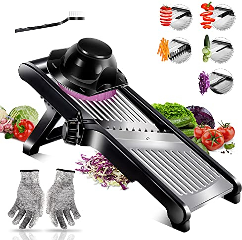 Myiosus Mandoline Gemüsehobel, Verstellbar Gemüseschneider, Edelstahl Gemüsehobel, Multifunktion Mandoline Gurkenhobel für Gemüse ＆ Obst, Senden Schnittfesten Handschuhen ＆ Reinigungsbürste