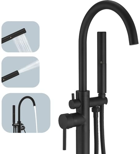 BESy Freestanding Bathtub Faucet Tub Filler Free Standing Floor Mount Stand Brass Bathroom Tub Faucets with 2 Function Hand Shower Wand Swivel, Matte Black Finish