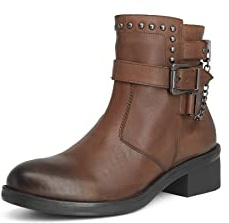 QUEEN HELENA Stivaletti di Pelle con Tacco Zip Laterale Stivali Bassi Borchiati con Fibbia Donna S270 (Marrone, numeric_41)