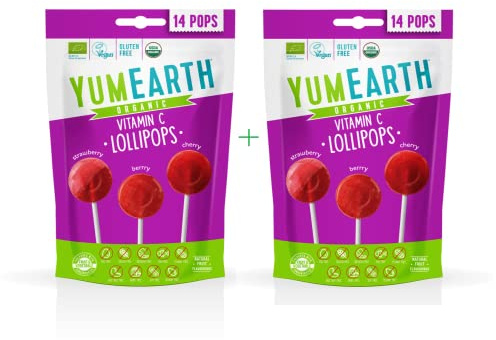 Yumearth, sucettes biologiques aux fruits avec vitamine C, lot de 14 (lot de 2 sachets de fraise, cerise et fruits rouges)