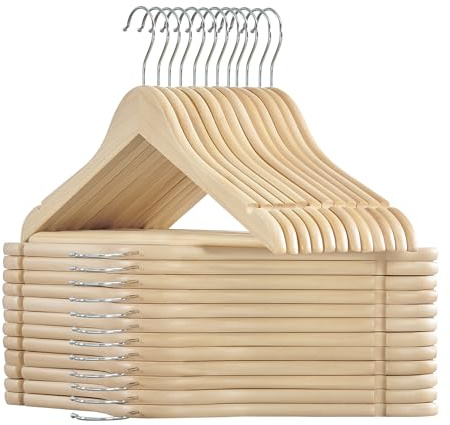 SONGMICS Kleiderbügel Holz, 24er Set Bügel, Holzbügel, Einkerbungen im Schulterbereich, Hosensteg, Hosenbügel, 360° drehbarer Haken, für Jacken Hemden Mäntel, naturbeige CRW010N24