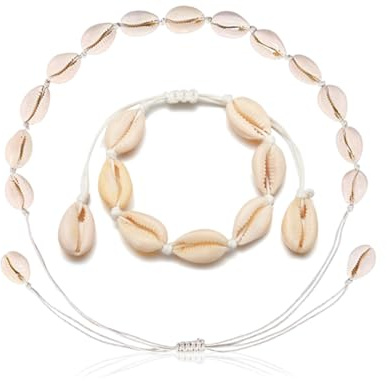 KAPSING 2 Stück Muschel Halskette Armbänder Set, 1Stück Choker Muschel und 1Stück Muschel Armband, für Mädchen Dame, Muschel