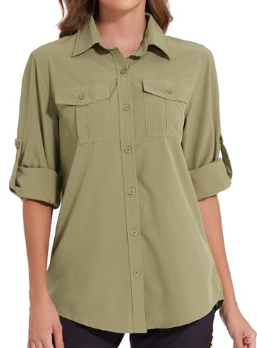 Tuopuda Camicia Donna Estiva UPF 50+ Camicetta Protezione Solare Maglietta a Manica Lunga Safari Blusa con Bottone Traspirante per Pesca Escursionismo Mare Spiaggia Piscina, Verde, XL