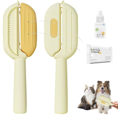 Pet Hair Cleaning Brush, Universal Pet Knot Remover with Water Tank Wet Wipes, Multifunctional, Self-Cleaning Cat Brush for Cats, Dogs, Long Hair and Short Hair, Clean (Yellow)