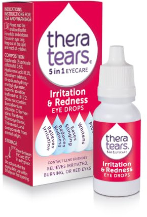 TheraTears Irritation and Redness Eye Drops, 10ml | Relieves Irritated, Burning or Red Eyes with Natural Whitening, Contact Lens Friendly, 5 in 1 Eye Care Drops