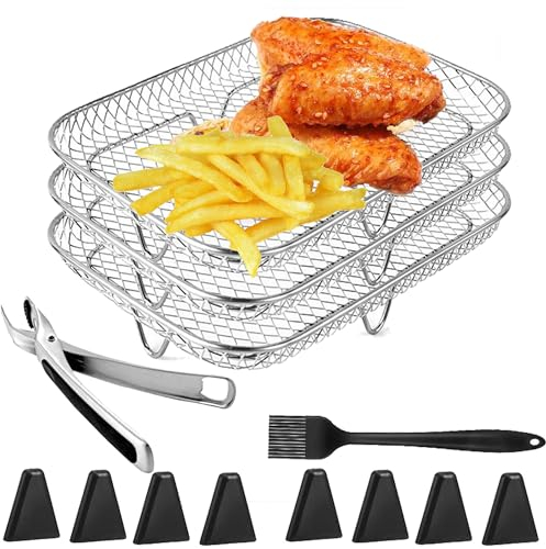 YUEMING Heißluftfritteuse Zubehör, 3 Layers Air Fryer Rack for Ninja Dual Basket mit Silikonfüßen, Zange und Bürste, Luftfritteusen-Zubehör für Ninja AF300EU and Other Double Drawer Fryers