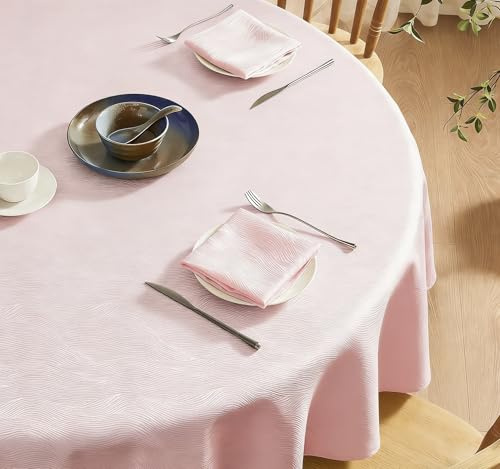 Softalker Tischdecke Rund 160 abwaschbar rosa Jacquard-Wellenmuster Wasserabweisend Abwischbar Fleckschutz Tischtuch Tablecloth für Outdoor Draußen Party Mädchen Geburtstag Silvester Hochzeit Frühling