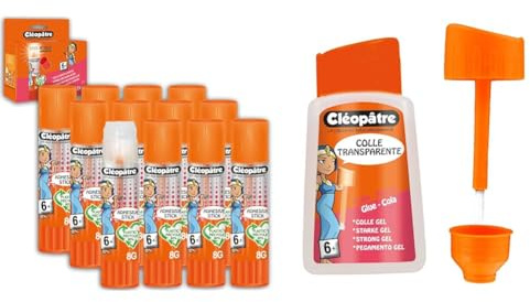CLEOPATRE Boîte de 12 bâtons de colle TRANSPARENTE Adhésive plastique recyclé en format 8 gr & Colle Transparente Forte Adhésive En 80 gr Avec Pinceau Intégré