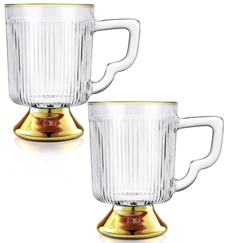 Joeyan Glass Coffee Mugs with Handle,Vintage Ribbed Clear Coffee Cups,Tea latte Cappuccino Espresso Milk Cups,Gold Rimmed Drinking Glasses,12 oz,Set of 2