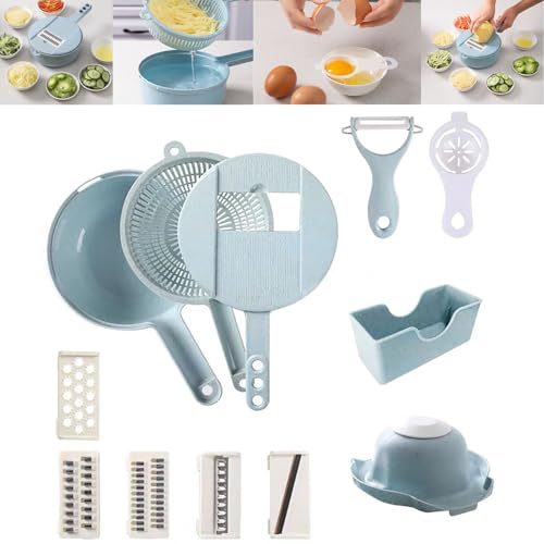 Multifunktionaler Gemüseschneider, centahah/e gemüseschneider， 12 In 1 Vegetable Cutter With Container, Multifunctional Vegetable Cutter, Vegetable Slicer Adjustable Stainless Steel (Blau)