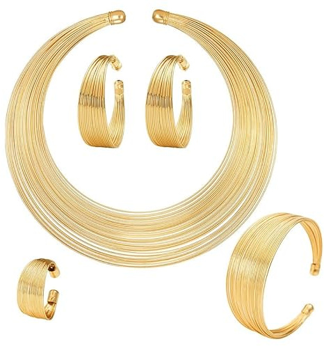 BSLVWG 5PCS Jewelry Sets for Women African National Statement Necklace Open Cuff Bracelet Chunky Costume Jewelry Set Hoop Earrings Women Rings Bangle Gold Choker Statement Necklace (Gold)