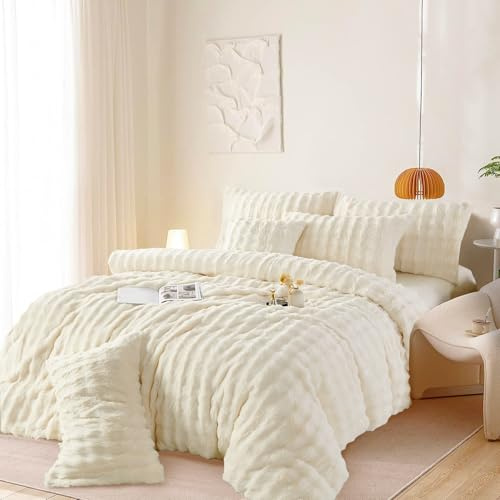 Winter Bettwäsche Plüsch 135x200 Beige Creme Flauschig Bettbezug Set Kaninchen Plüsch Fleece Flanell Winterbettwäsche Warm Super Weich Plüschbettwäsche und 1Kopfkissenbezüge 80x80 mit Reißverschluss