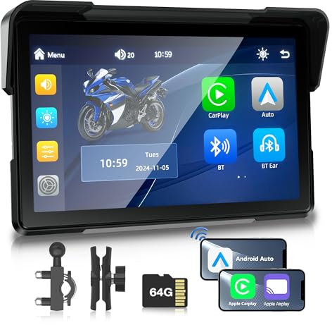 PARKVISION 7-Inch Wireless Motorcycle Carplay Motorbike Sat Nav Screen Compatible with Apple CarPlay & Android Auto - Waterproof Touchscreen, Portable Bluetooth Connectivity Motorcycle Sat Nav