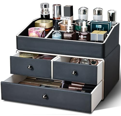 KINGFOM Organizer Trucchi, Porta Trucchi Organizer, 2 Livelli Organizzatore di Trucco con Cassetti per Comò, Bagno, Camera da letto, in Pelle PU (Nero)