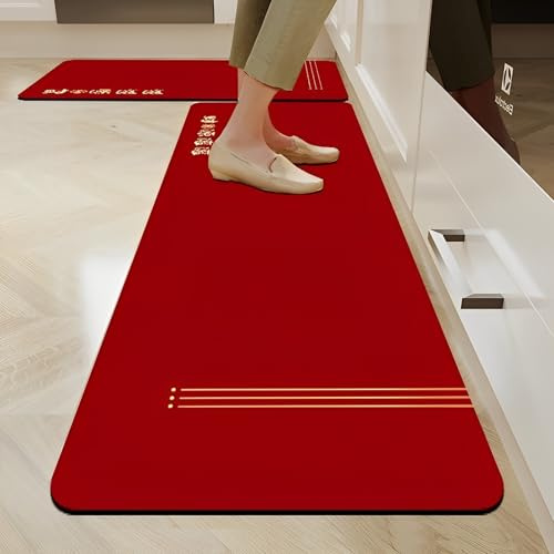 Hixingo Tapis Cuisine Antidérapant, Rouge Épaisseur 3,5 mm Absorbant Diatomite Tapis de Cuisine Lavable Tapis Cuisine Devant Evier Bain Vaisselle Douche (Style 1,50x80cm)
