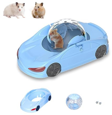 3-in-1 Hamster Car Toy, Silent Dwarf Hamster Running Ball and Exercise Wheel 4.8 Inches, Small Pet Activity Center (Blue)