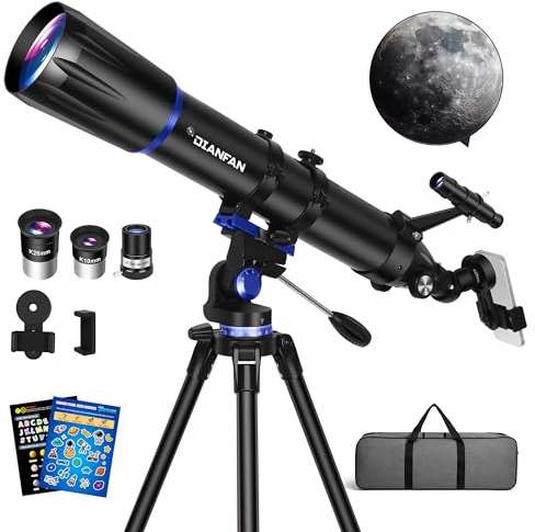 Dianfan Telescopio, 90mm Apertura 800mm Telescopio Astronomico Professionale per Adulti, Telescopi Portatile per Bambini e Principianti, Ottica Multistrato, con Treppiede, Adattatore, Borsa e Adesivi