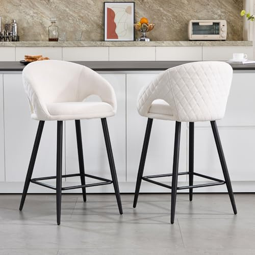 DAYALANE - Juego de 2 taburetes de cocina modernos de chenilla, sillas de bar acolchadas con patas de metal para península cocina, color beige