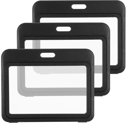 HonGien 3PCS ID Badge Holder with Double-Sided Windows Pass Holder Card Protector Pouch, for ID Card, Office, School,Employee Pass Holder (Black)