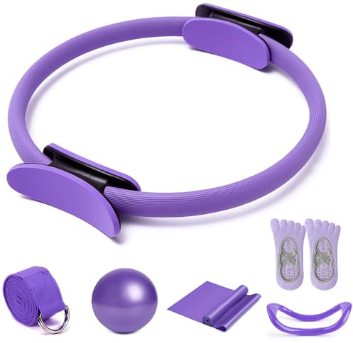 Pilates Set - Pilate Ring | 14 Inch Circle mit Doppelgriffen | Pilate Kit Essential Zuhause | Pilates Zubehör 6 teiliges Set | Inkl. Miniball, Terraband, Yoga-Socken, Stretchband