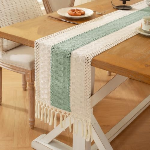 Tischläufer Boho Table Runner Servietten Salbeigrün Tischdeko Geburtstagsdeko Hochzeitsdeko Taufe Deko Gartenparty Tisch Deko Dekoration Wohnzimmer Quasten Spitze Tischdecke Spitzenstoff 30x183cm
