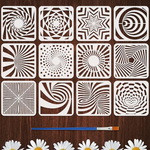 FINGERINSPIRE 12 Stück 3D Schablonen Für Räumliche Geometrie Zum Malen Mit Pinsel 20x20cm Schablonen Für Visuelle Illusionsmuster Zeichenschablone Aus PET Kunststoff Für Sammelalbum Heimdekoration