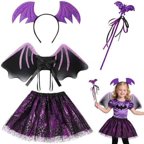 GDLOKFU Déguisement Chauve Souris Fille, Déguisement de Halloween Enfant avec Tutu, Diadème, Ailes, Baguette Magique, Costume de Chauve Souris Enfant, Idéal pour Halloween, Carnaval et Cosplay