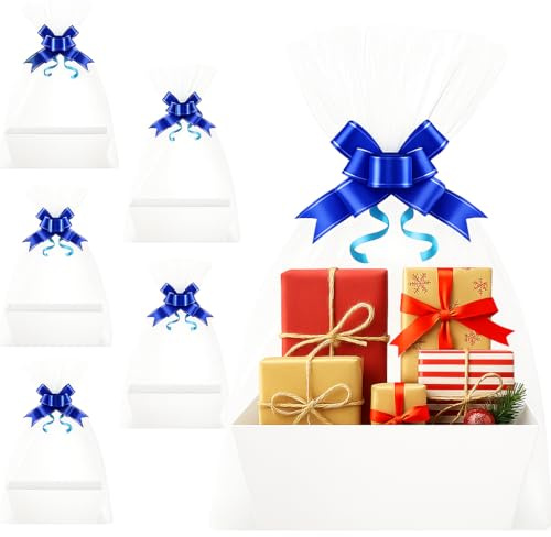 Cesto regalo con manico, cestino vuoto per regali, cestino regalo in carta kraft con 5 pellicole termoretraibili e nastri, matrimonio, compleanno, Natale, San Valentino, bianco